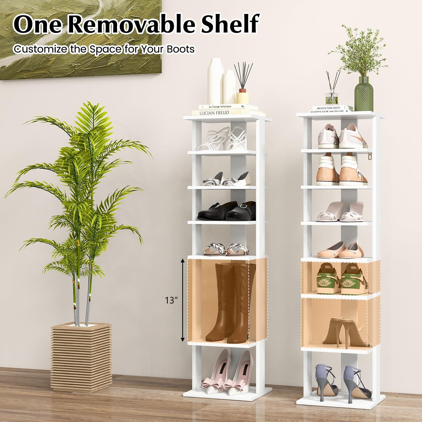 HOMGX 7-Tier Vertical Shoe Rack, Tall Narrow Shoe Storage with Removable Shelves, Space Saving Shoe Tower Organizer, Free Standing Corner Shoe Rack for Entryway, Bedroom, Living Room (White)