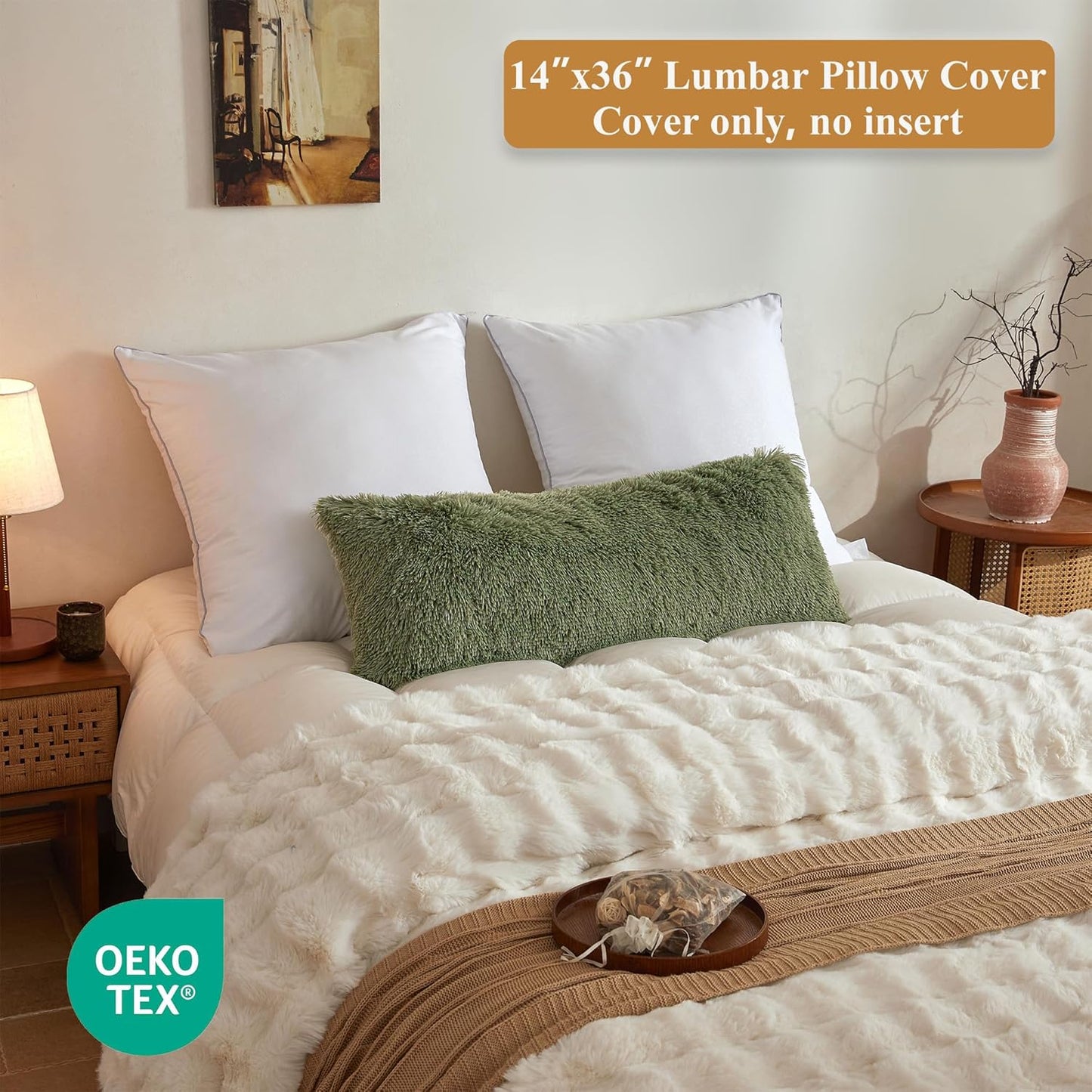 XeGe Fluffy Faux Fur Lumbar Pillow Cover - Cozy Moss Green Shaggy Design with Zipper | 14x36 Inches