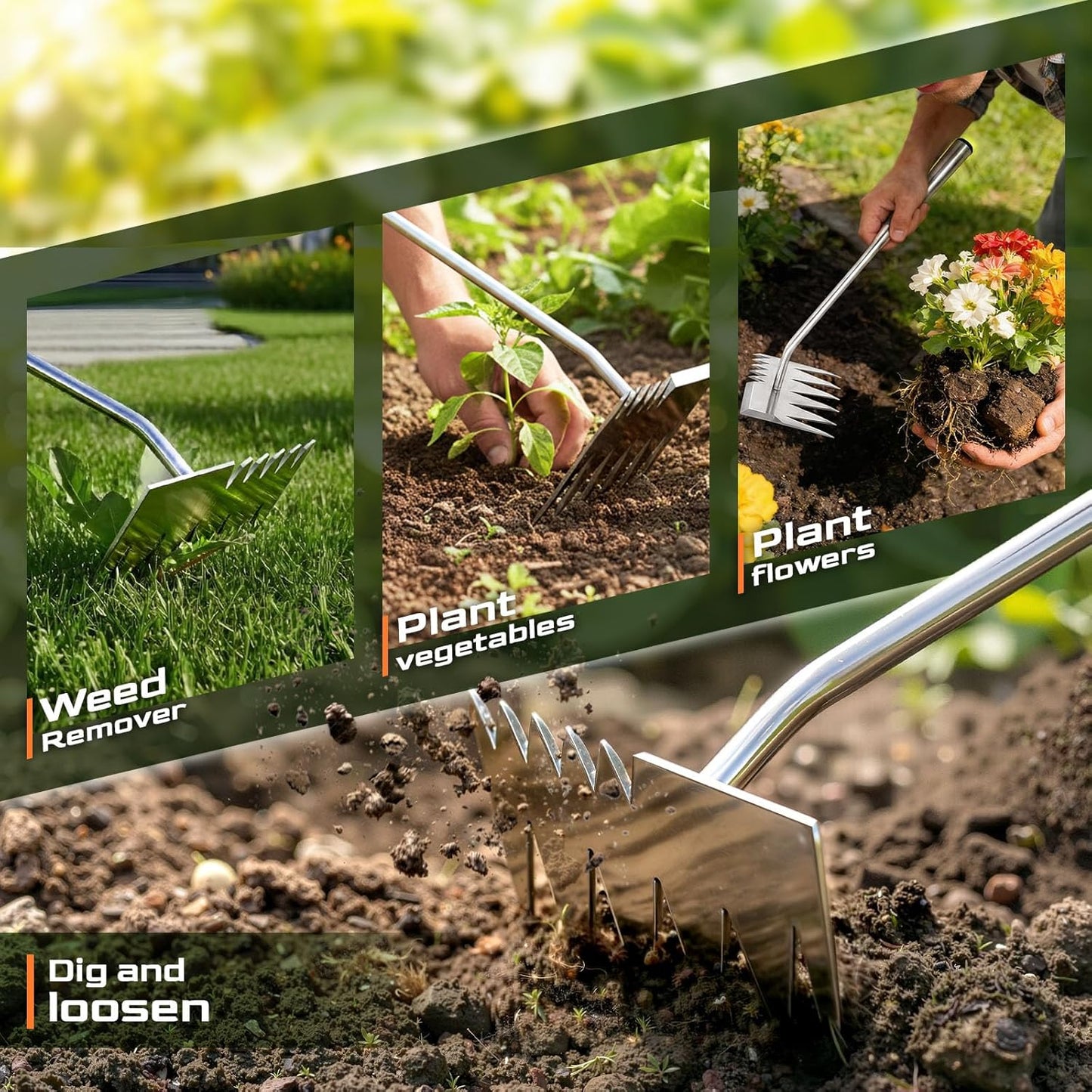 LOOHOI Stainless Steel Weed Puller Tool - 4-Tooth Manual Weeder for Efficient Garden Weeding & Planting