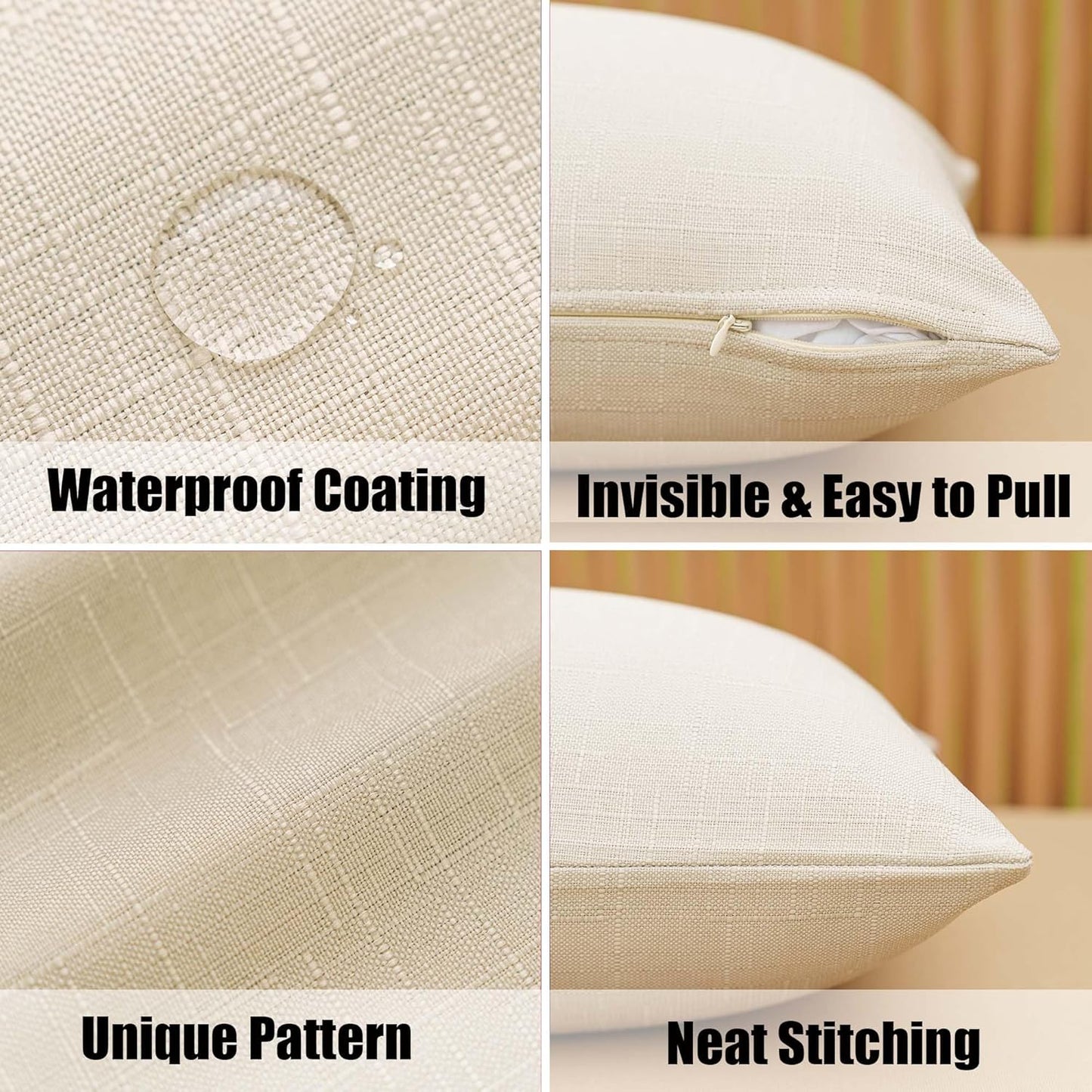 NiNi Decorative Outdoor Pillow Covers - Waterproof Linen Textured Cushion Shams | Set of 2, 18x18 Inch, Beige