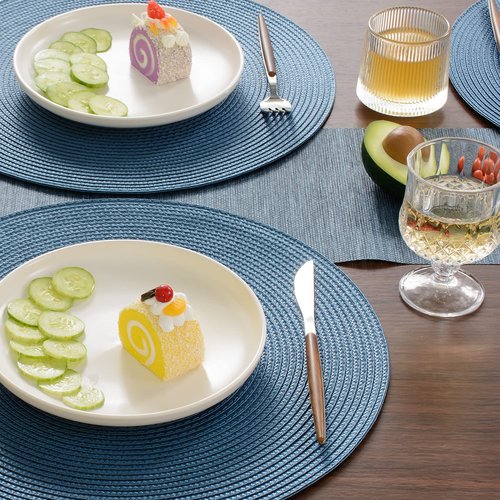 FunWheat Round Braided Placemats Set of 6 Table Mats for Dining Tables Woven Washable Non-Slip Place mats 15 in(Blue, 6pcs)