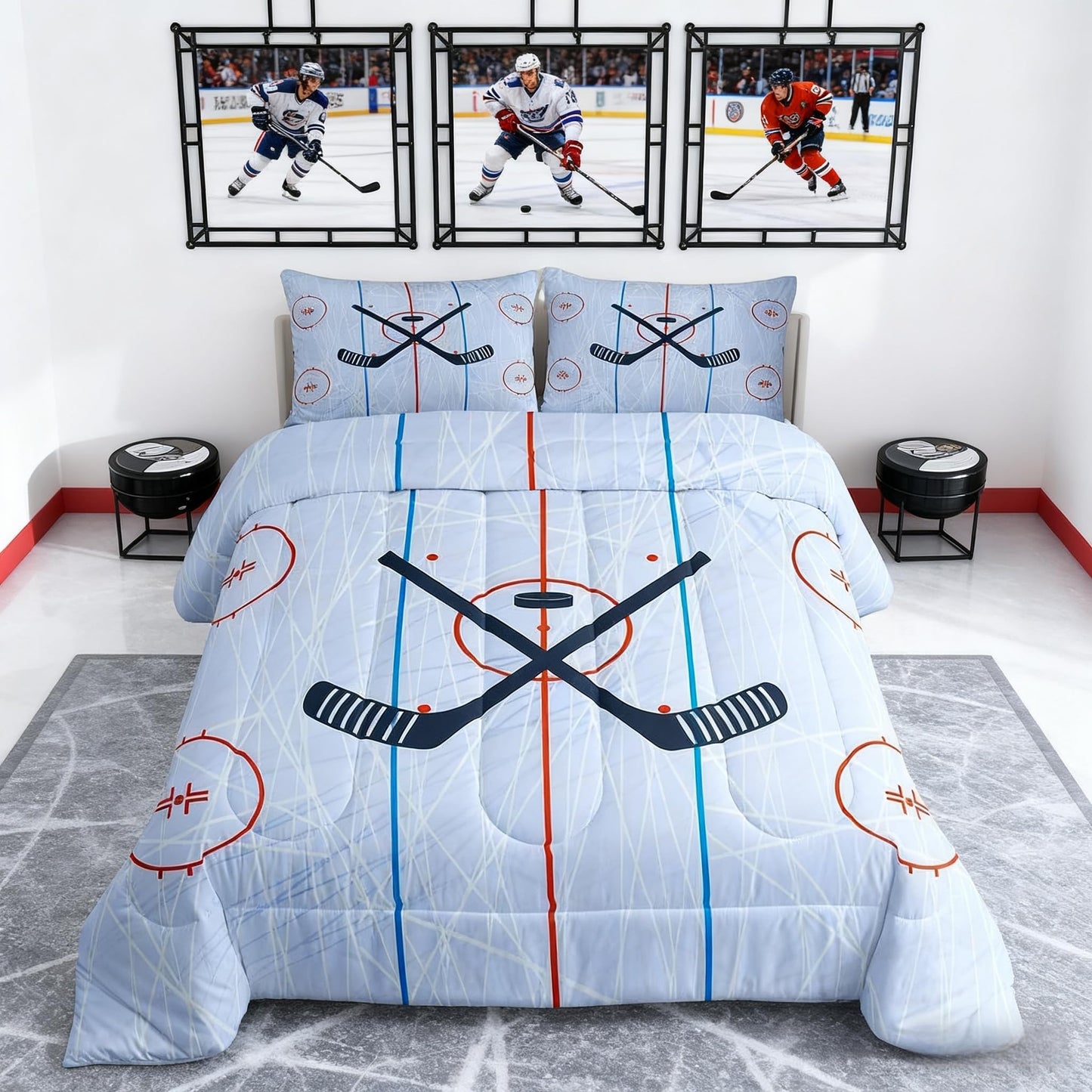 Ice Hockey Kids Comforter Set Twin Size,Hockey Stadium Rink Bedding Set,Boys Girls Adults Bedroom Decor,Winter Event Ball Games Lovers Down Comforter,Modern Stylish Duvet Insert,2pcs,1 Pillowcase