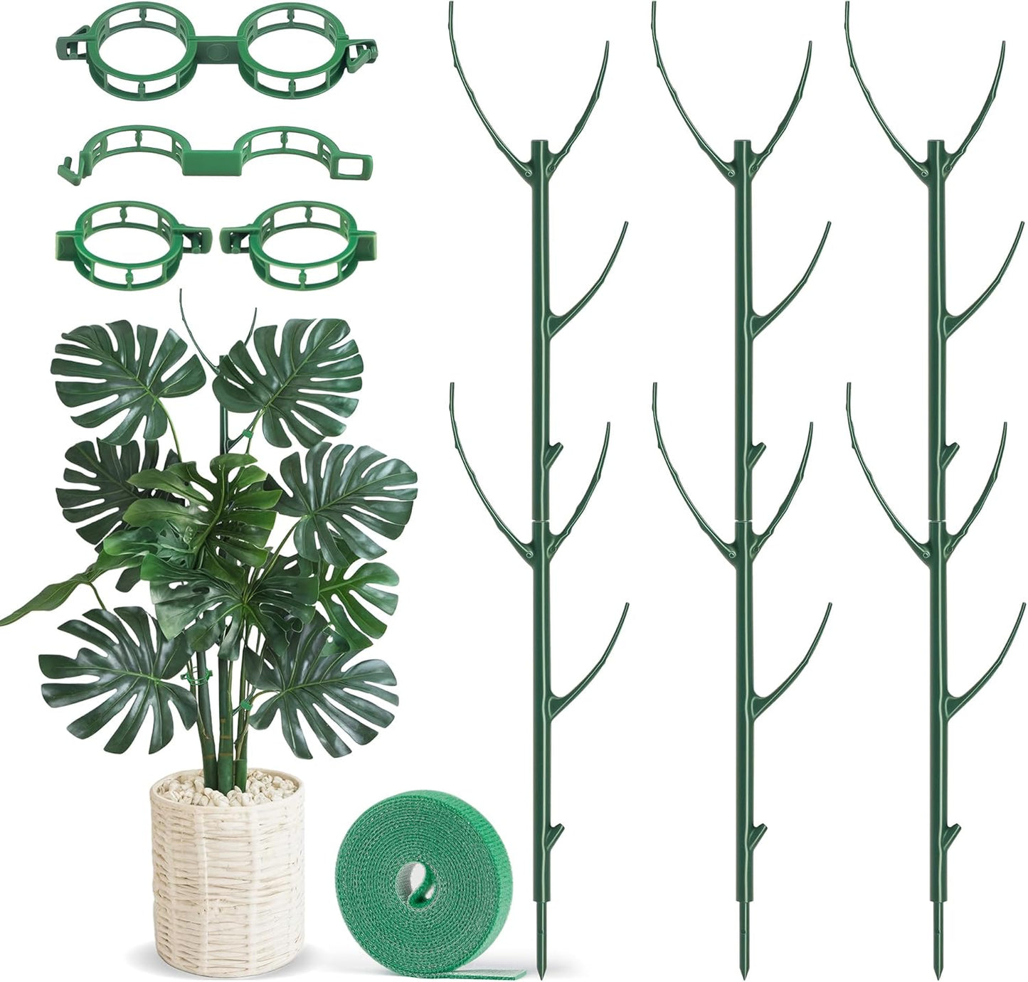 Skiennix Plant Support Stakes - 6 Stackable Poles with 20 Clips & Tie for Monstera Climbing Plants, Green