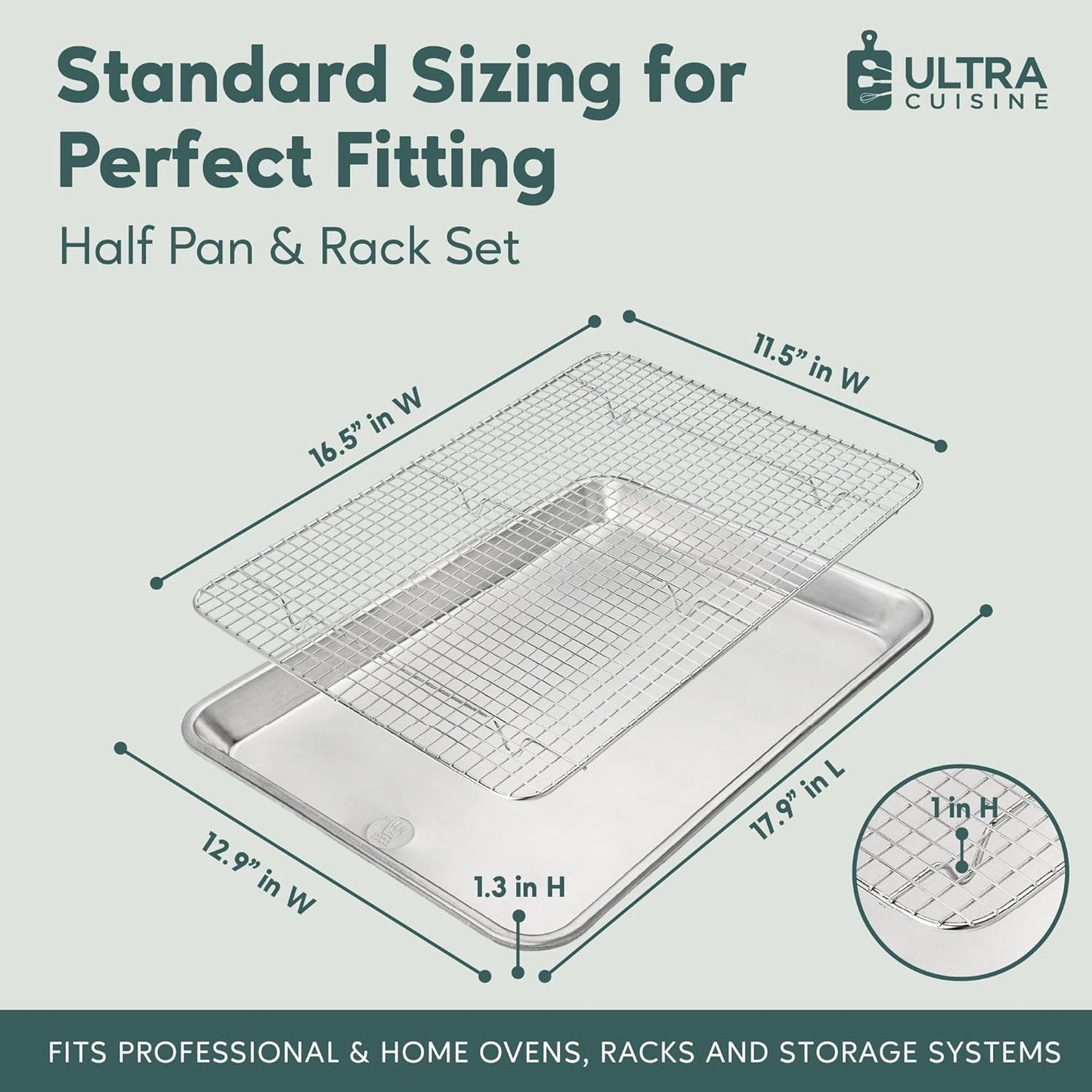 Ultra Cuisine Baking Sheet Set - Aluminum Half Sheet Pan with Stainless Steel Cooling Rack, 13 x 18 Inch, Easy Clean, Commercial Quality