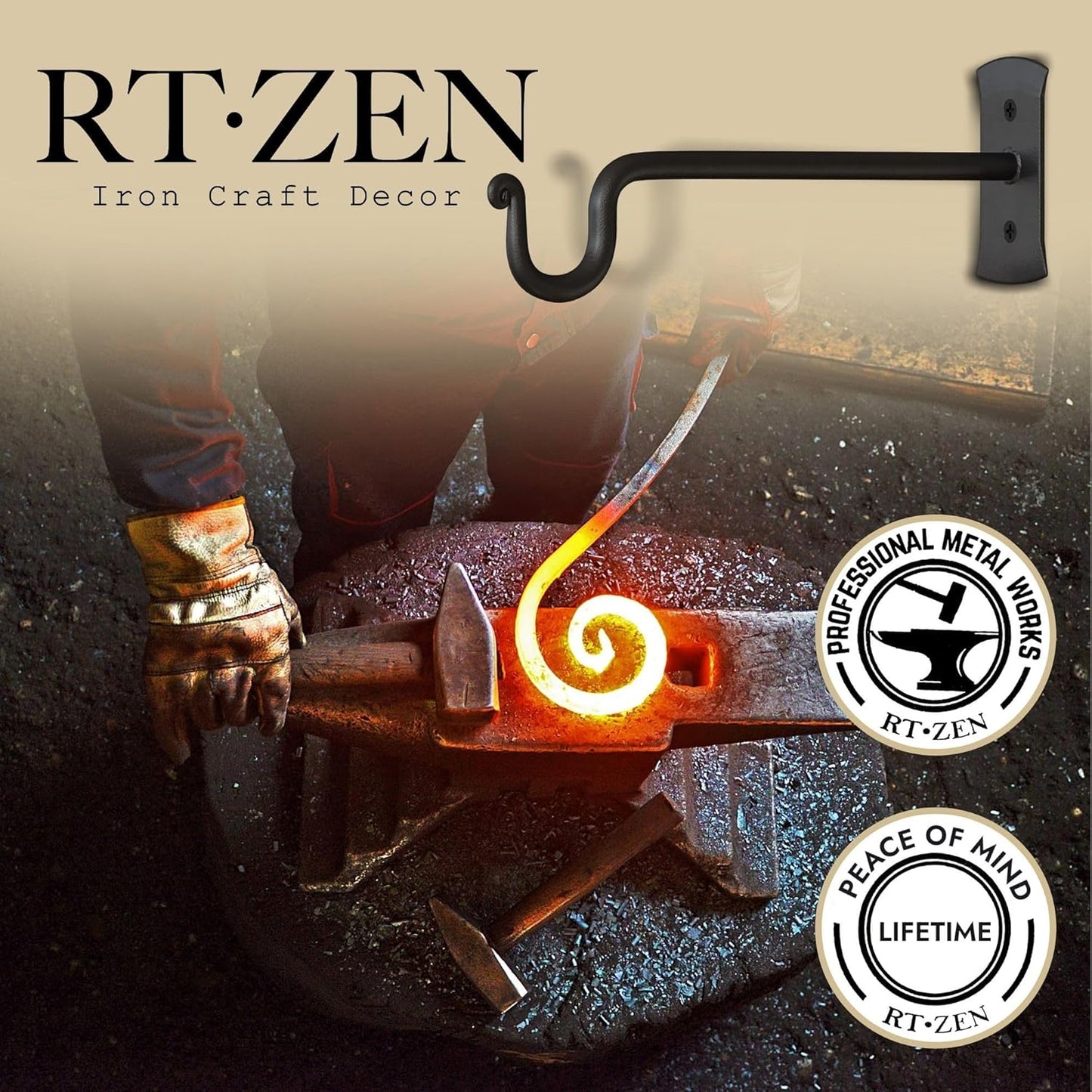 RTZEN Plant Hangers - Heavy Duty Wrought Iron Indoor/Outdoor Hooks for Baskets & Lanterns | 2 Pack (7.5" Black)