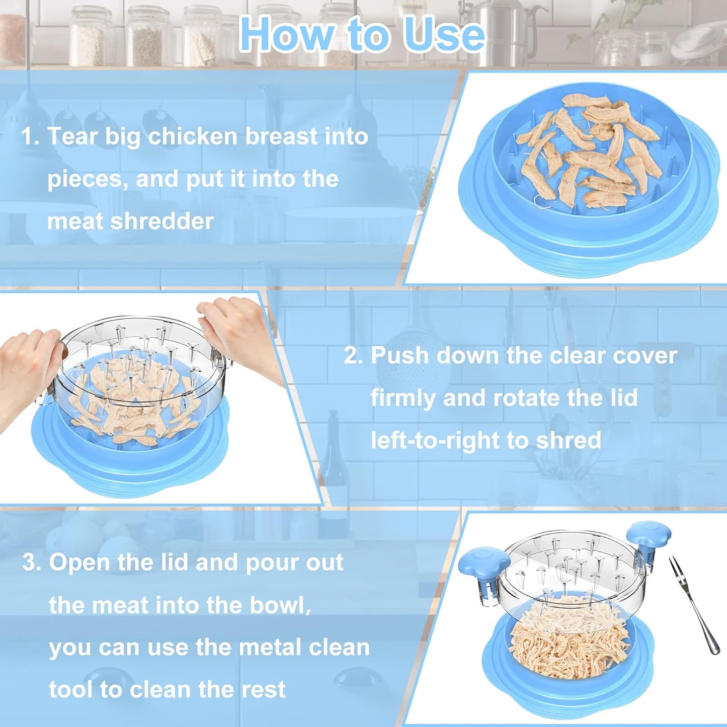Skiennix Chicken Shredder - Large Ergonomic Tool for Effortless Meat Shredding | BPA-Free, Sky Blue