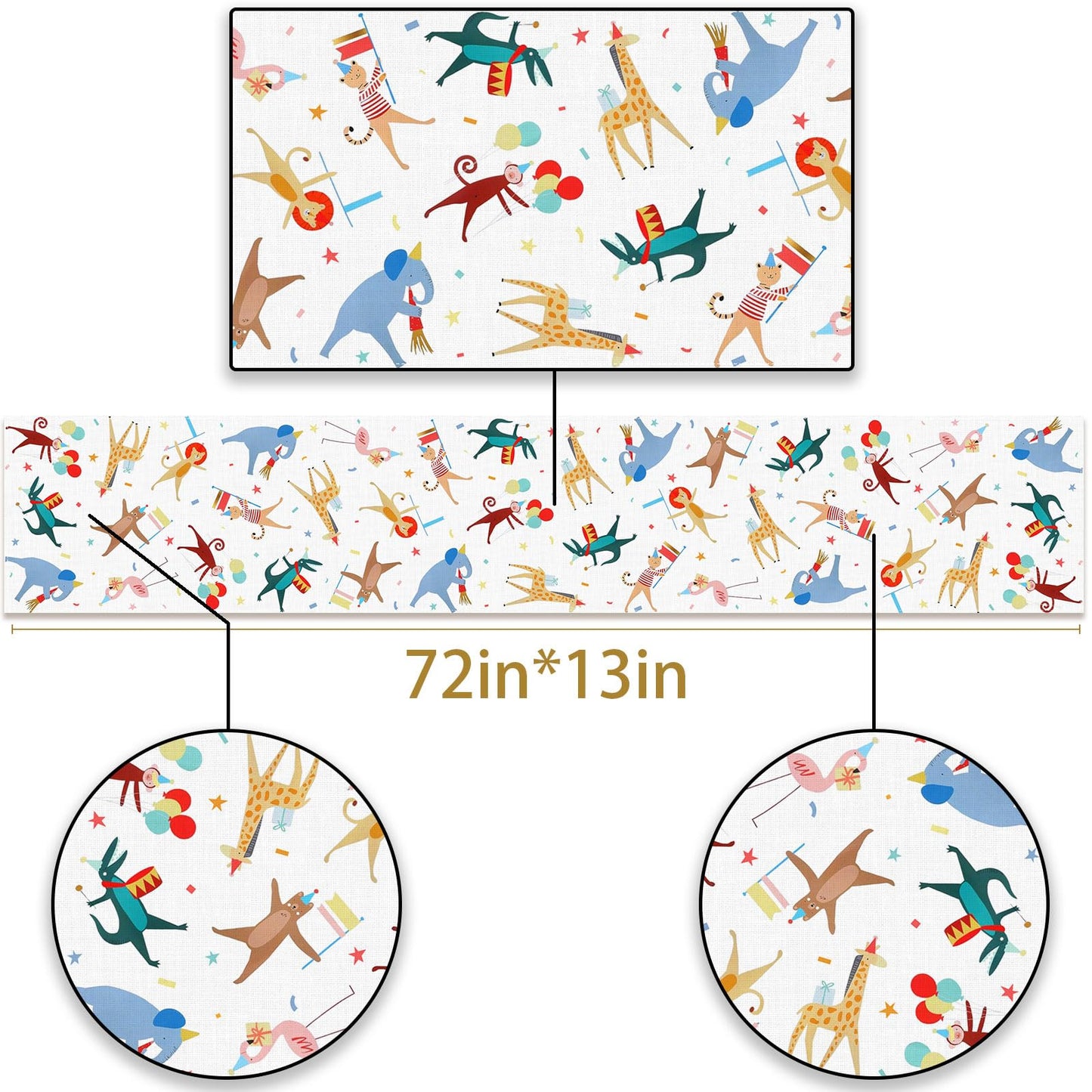 Pudodo Animal Parade Table Runner Jungle Animal Zoo Theme Birthday Party Baby Shower Kitchen Dining Room Home Decoration (13" x 72")