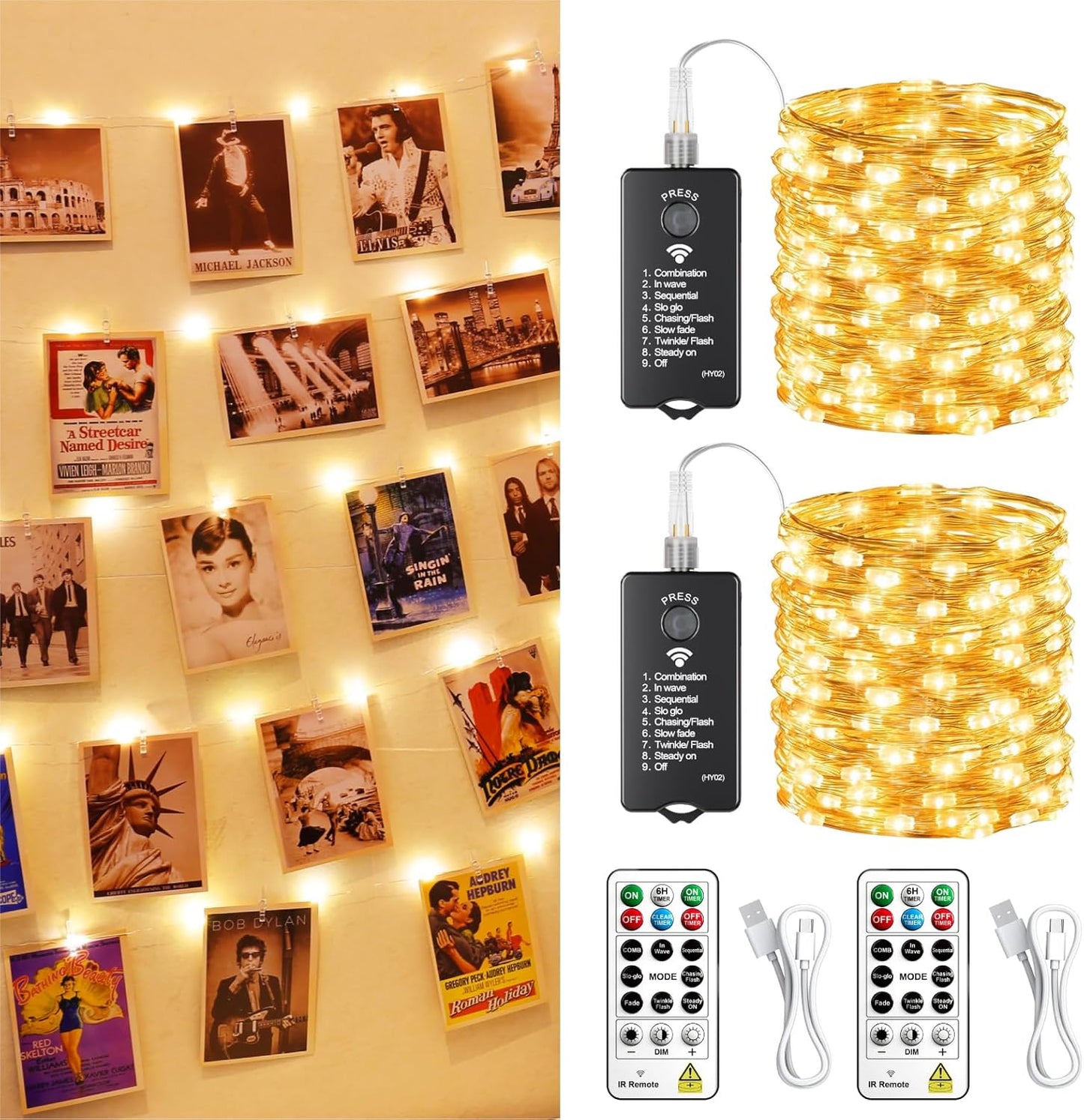 Skiennix 120L Twinkle Lights - 100 LED Rechargeable Outdoor Fairy Lights with Remote & Timer Bundle