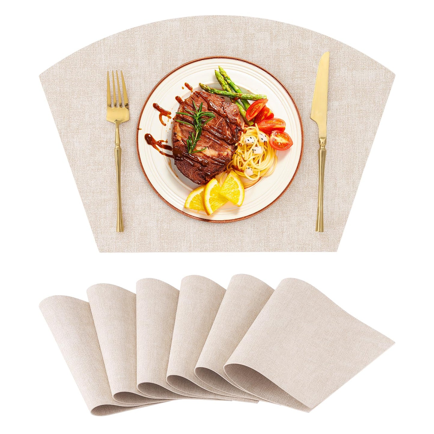 Homaxy Round Table Placemats Set of 6, Washable Wedge Shaped Faux Leather Table Mats, Wipeable Kitchen Dinner Place Mats for Indoor Outdoor, Beige