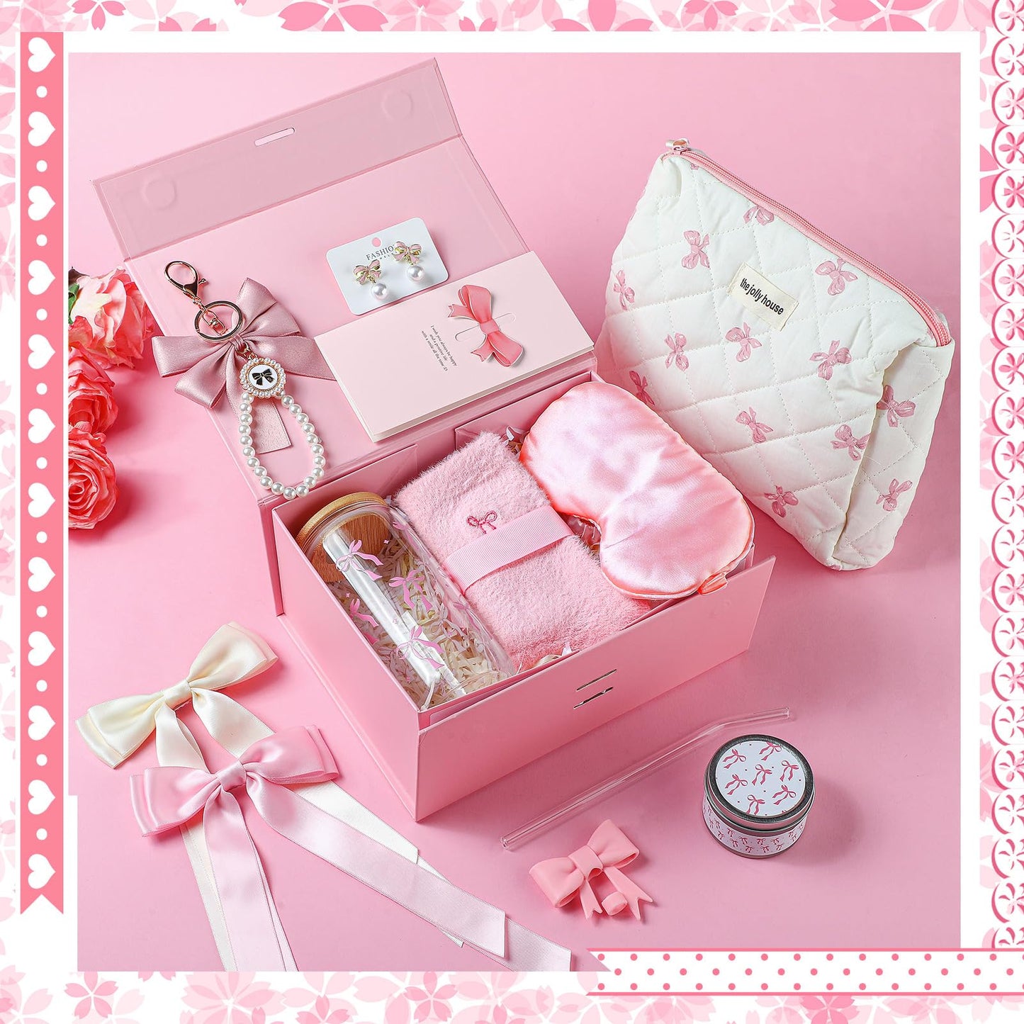 Skylety Pink Bow Gift Baskets for Teen Girls, Women Mothers Day Gifts Trendy Stuff Coquette Bow Teen Girl Birthday Self Care Box Gift for Her, Sister Friend Women Sweet 16th 18th 21st Box