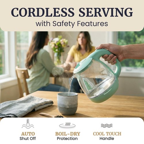 Elite Gourmet 1L Glass Electric Water Kettle, BPA-Free, Fast Boil, Auto Shut-Off, Boil-dry Protection, 360° Swivel Base with Cordless Serving, Clear-view Water Level Markings, Mint