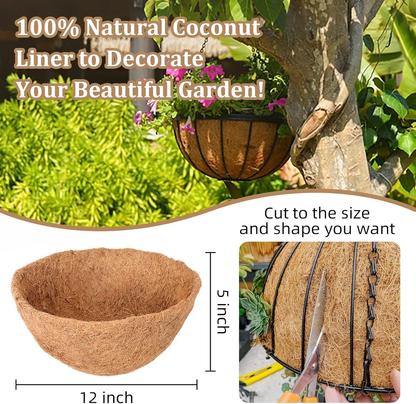 Legigo 12-Inch Coco Fiber Hanging Basket Liners - 100% Natural Round Replacement for Flowers & Vegetables