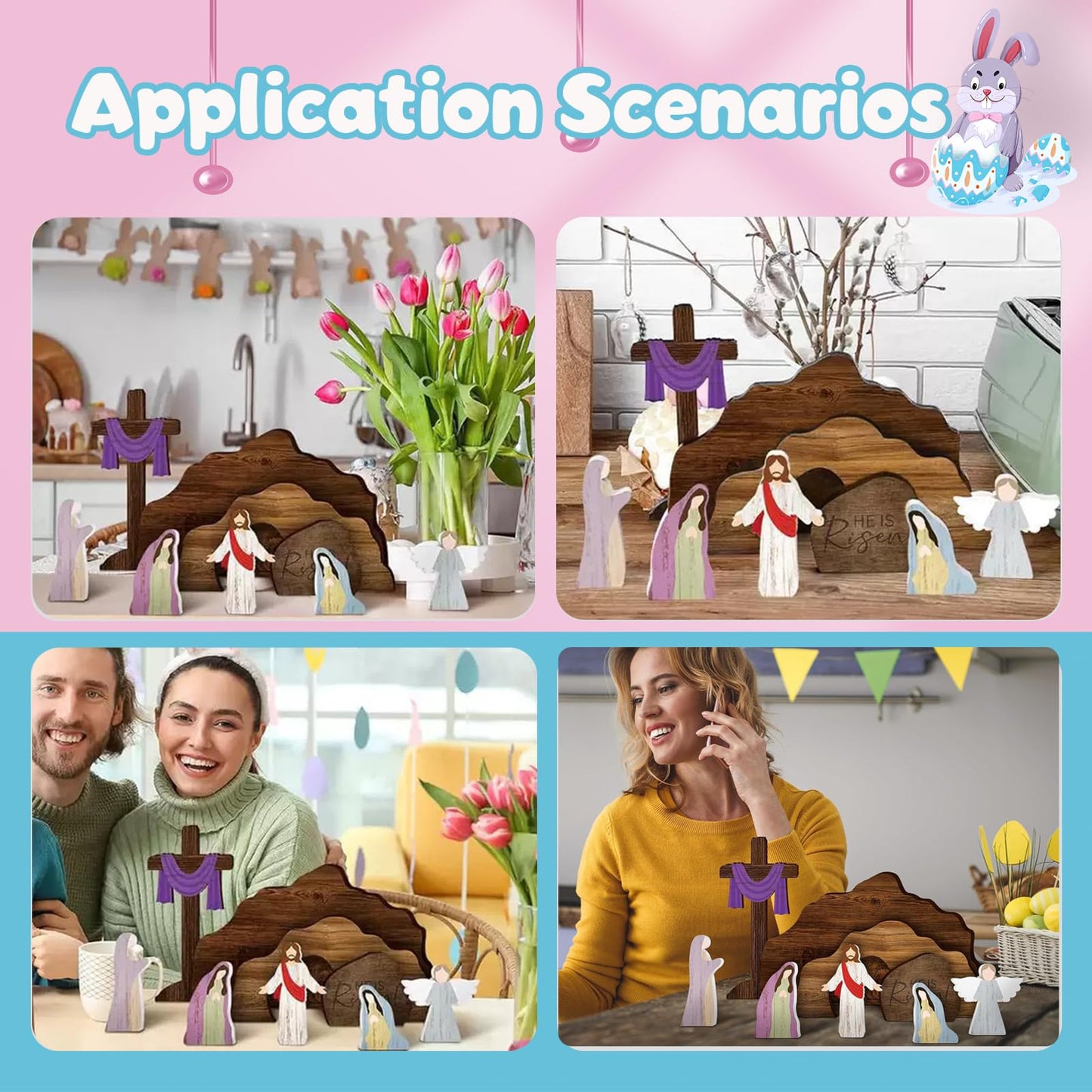 ZOUNYIN Empty Tomb Easter Scene Cross Decoration, Wooden Resurrection Tabletop Decor Set for Religious Home, Office, Shelf & Farmhouse Display
