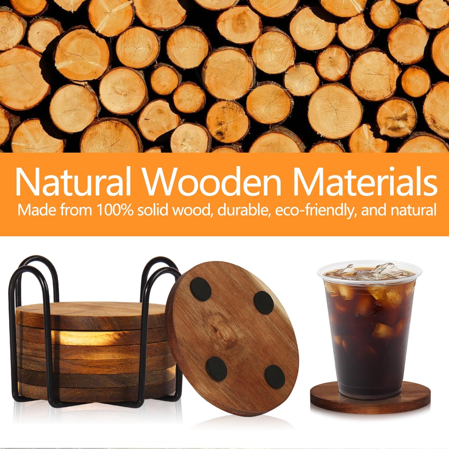 10 Pcs Wood Coasters with Holder, Wooden Coasters for Drinks Absorbent, Drink Coasters for Coffee Table, Modern Home Decor, Coaster Set for Table Protection, Office, Bar
