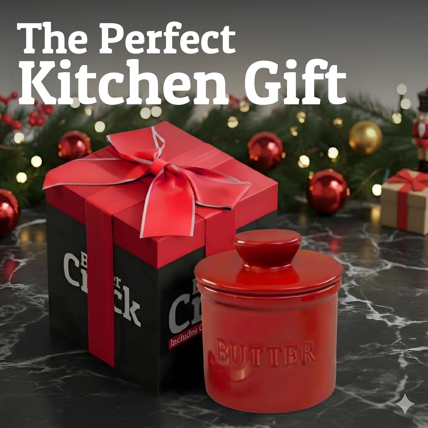 PriorityChef Butter Crock - Ceramic French Butter Dish with Lid & Water Line | Red Color