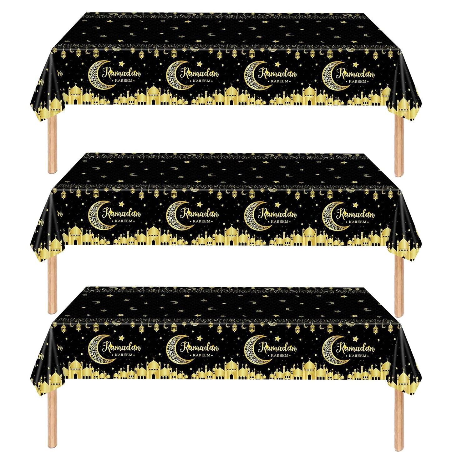 Qpout 3 Pack Ramadan Decorations Ramadan Table Cloth, Black and Gold Ramadan Kareem Table Cover, 54×108 Inch Ramadan Tablecloth, Ramadan Mubarak Table Decorations Eid Decorations, Plastic Disposable