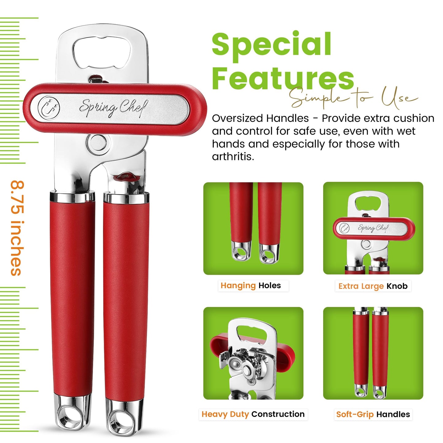 Spring Chef Stainless Steel Can Opener - Manual with Soft Grip Handles, Easy Turn, Heavy Duty Hand Can Opener for Seniors with Smooth Edge - Red
