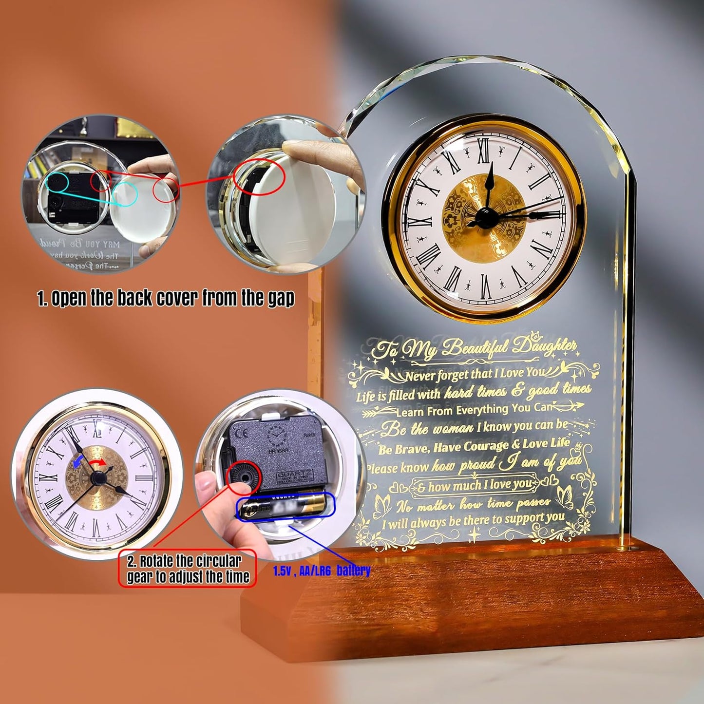 Ornalrist Glass Clock for Daughter from Mom & Dad - Heartwarming Gift with Wooden Base | Perfect for Mother's Day & Birthdays