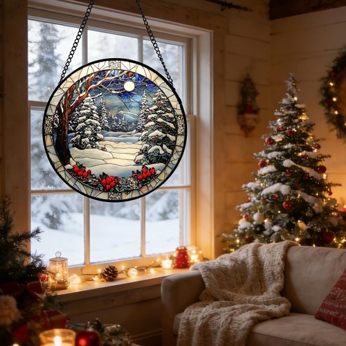 DASTOLL Stained Glass Window Hanging | Christmas Tree Winter Snow Night Suncatcher - 9.8" Home Decor Gift