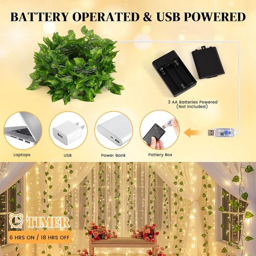 DomeStar 300 LED Fairy Lights with Vines - Remote-Controlled Curtain String Lights for Indoor/Outdoor Decor