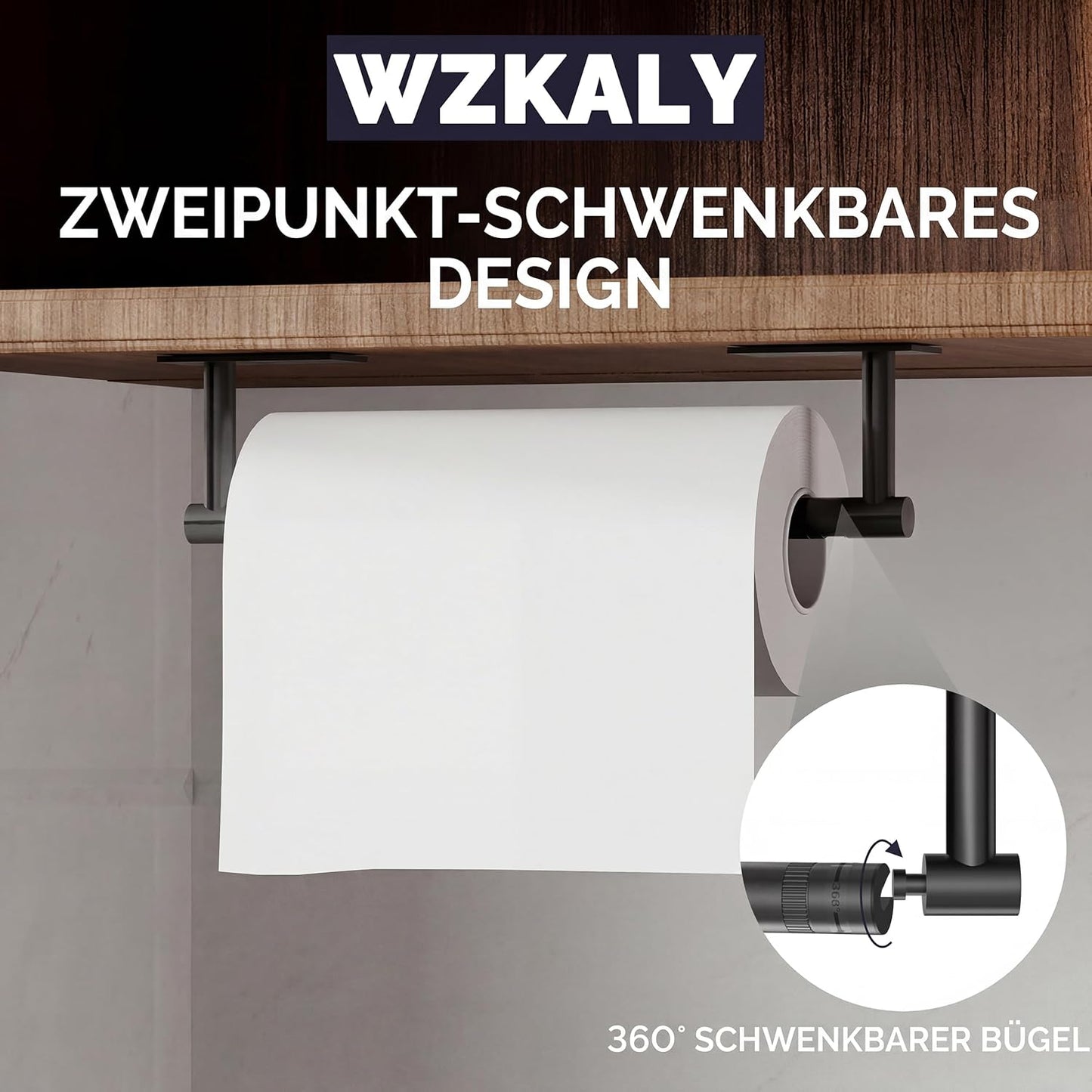 Skiennix Paper Towel Holder - Under Cabinet or Wall Mounted, SUS304 Stainless Steel, Matte Black Finish