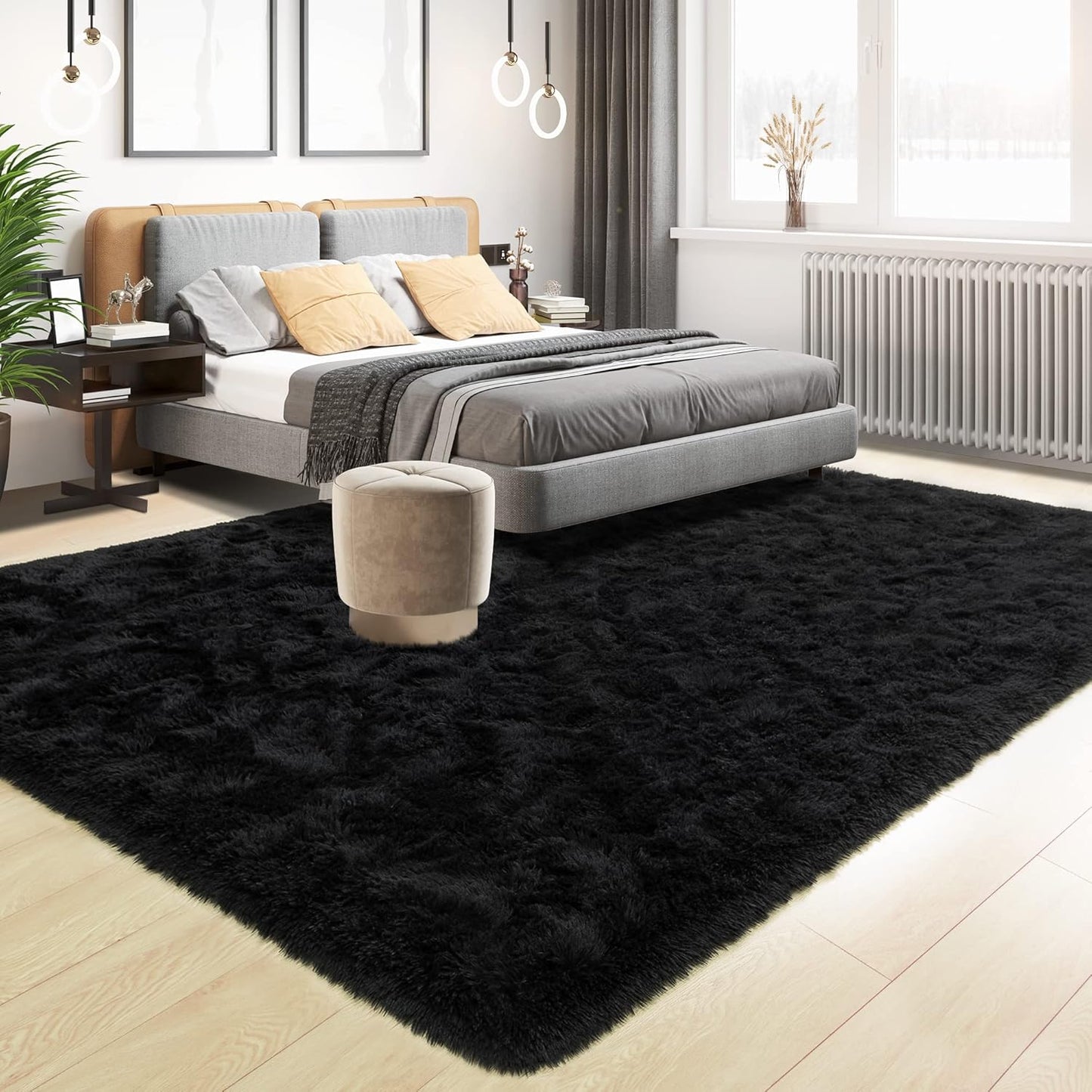 Tepook Super Soft Fluffy Rug - Modern Shaggy Fuzzy Indoor Carpet | Non-Slip, Black, 4 x 6 Feet