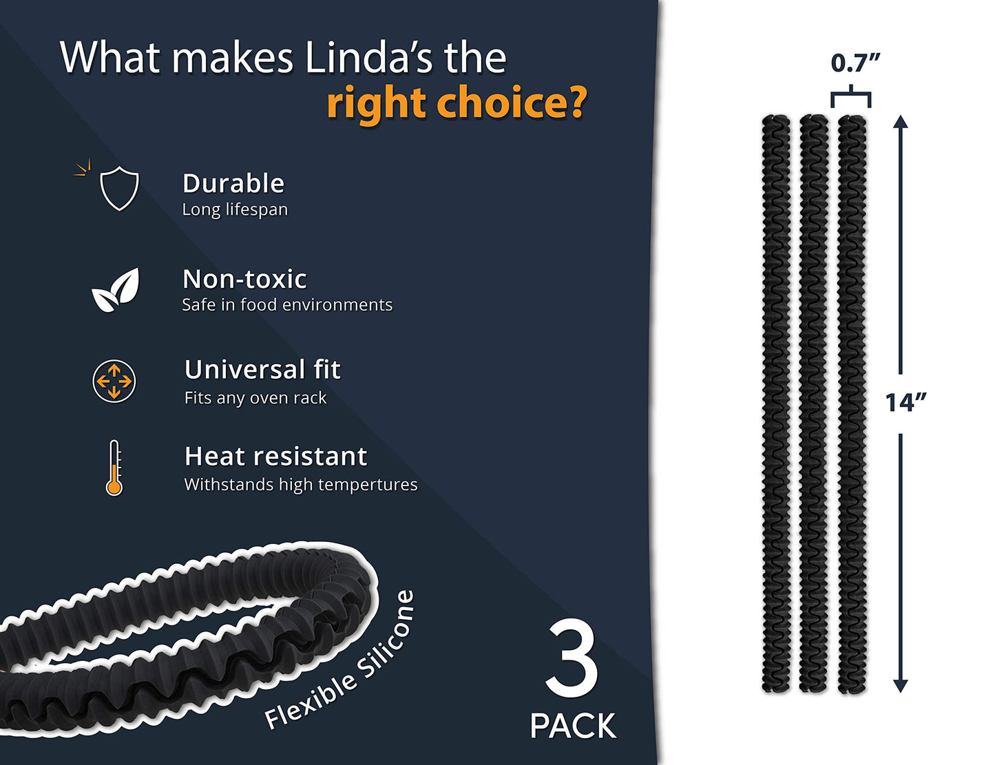 Silicone Oven Guards for Racks by Linda’s Essentials (3 Pack) - Heat-Resistant Rack Protectors Shield, Prevents Burns & Scars, Easy to Fit Design, Must-Have Kitchen Safety 14 Inches Long (Black)