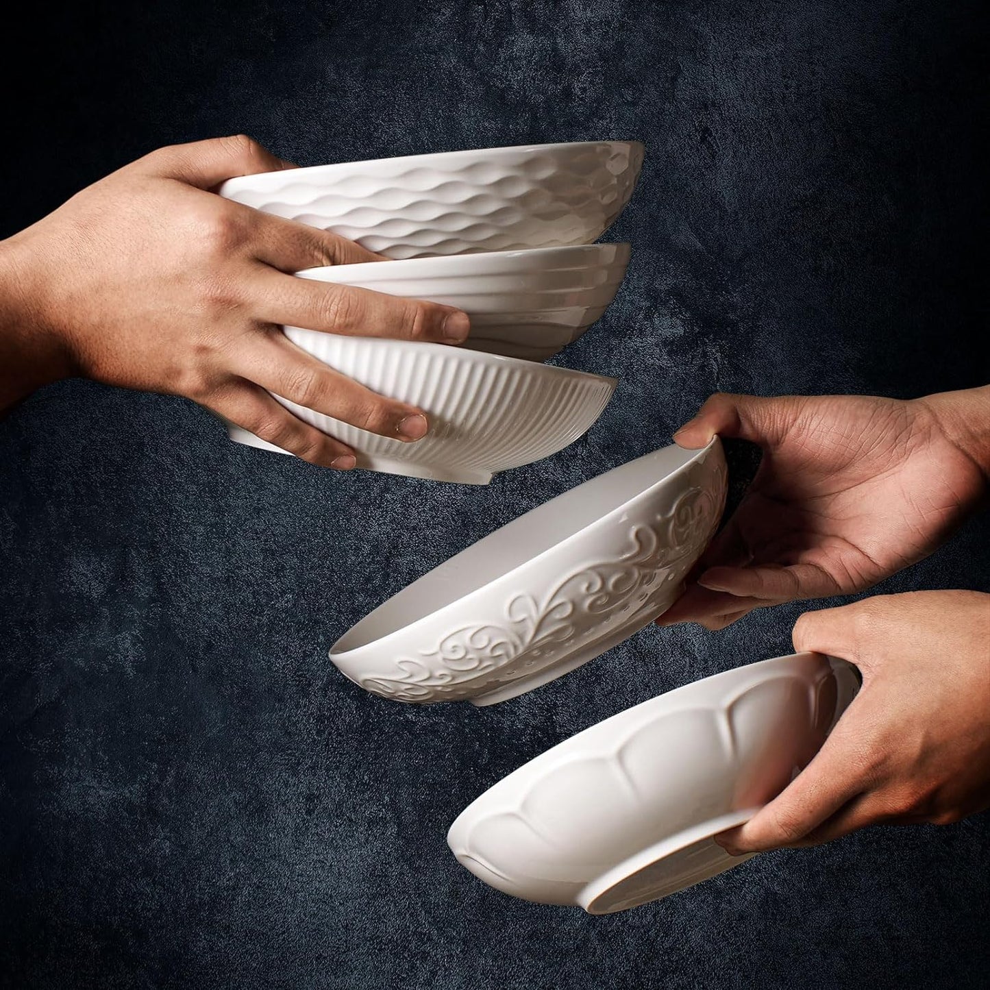 Artena Pasta Bowls Set of 4 - 32oz Ceramic Salad Bowls | 8-Inch White Embossed Design, Microwave & Dishwasher Safe
