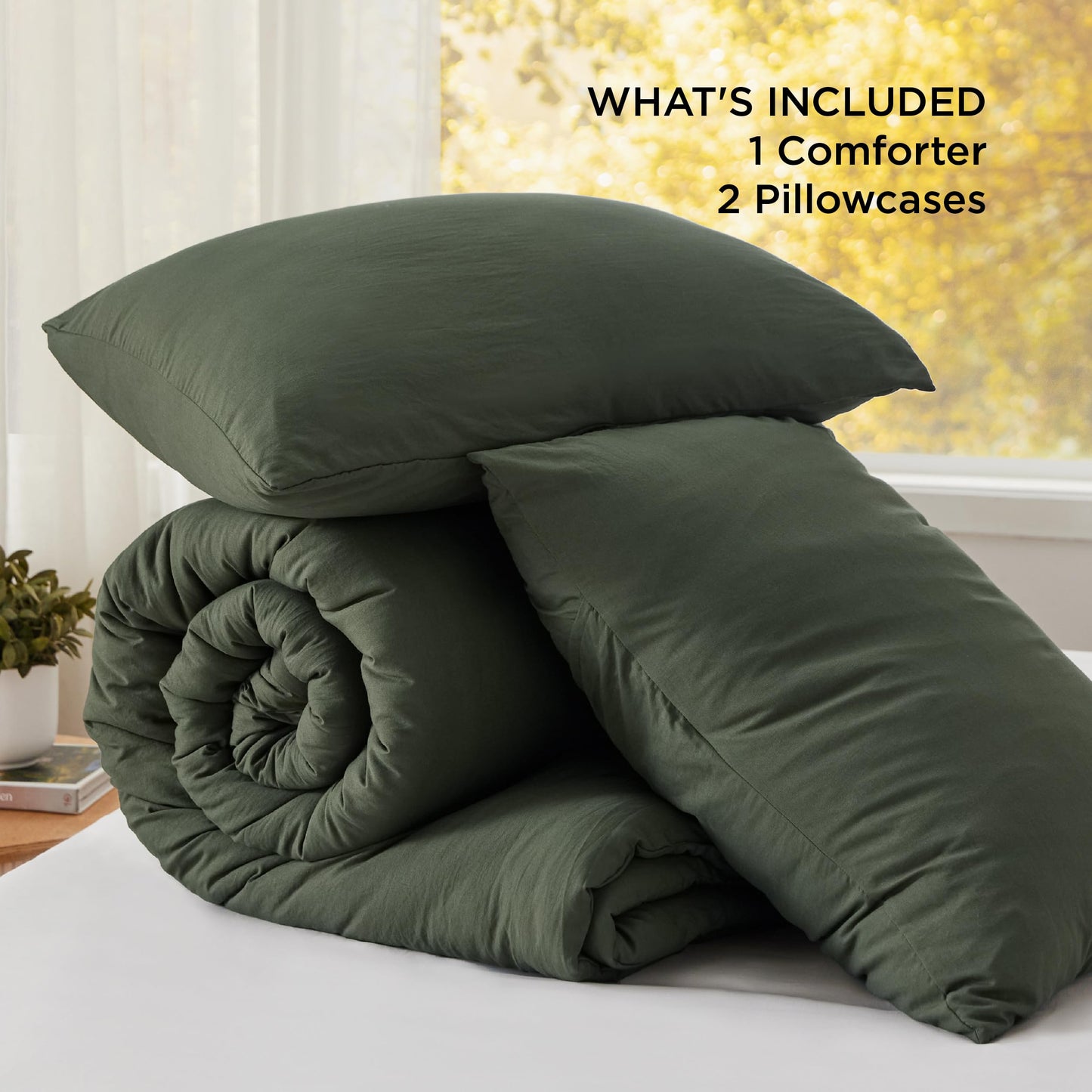 Bedsure Queen Comforter Set, Dark Green Soft Prewashed Bedding for All Seasons, 3 Pieces GentleSoft™ Bed Set, 1 Lightweight Comforter (90"x90") and 2 Pillowcases (20"x26")