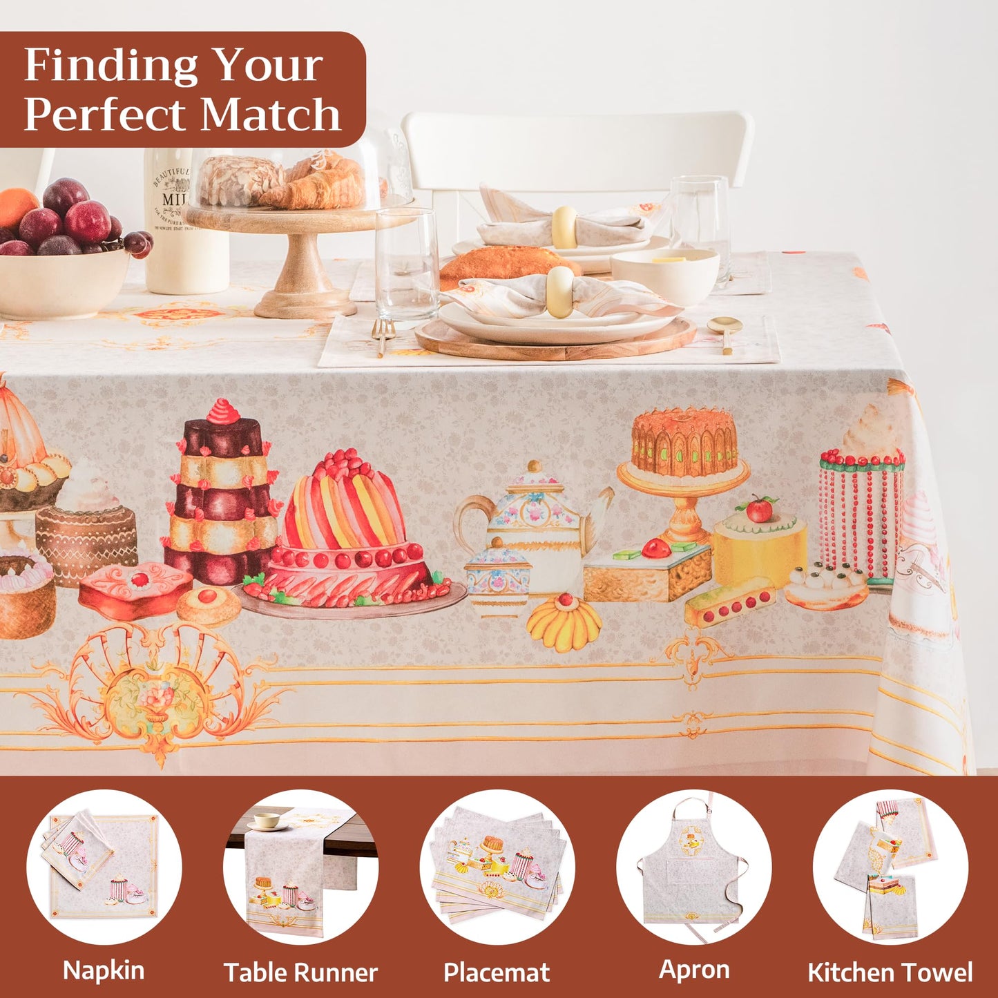 Maison d' Hermine Premium Table Cloth Rectangle Table 100% Combed Cotton 90 x 70 Inches Tablecloth Reusable Decorative for Dining Room, Farmhouse, Home, Party, Festive & Wedding - Pastries