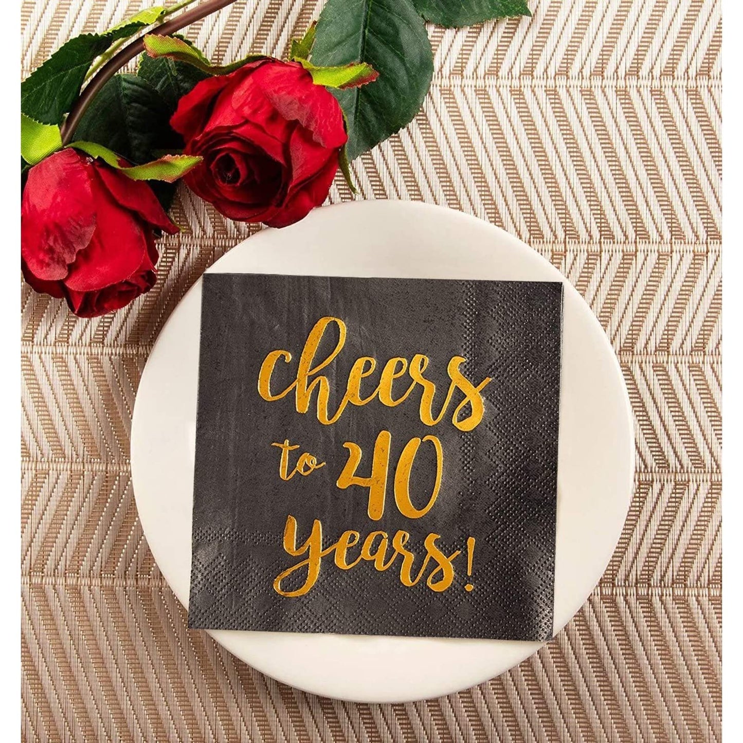 BLUE PANDA 40th Birthday Napkins - 5 x 5 In, 50-Pack, 3-Ply, Black & Gold Foil - Cheers to 40 Years & Cocktail Napkins for Birthday Party Decor