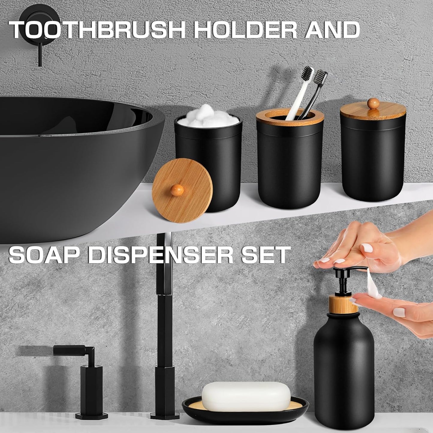 Matte Black Bathroom Accessories Set by [Brand Name] - 5-Piece Plastic Set with Soap Dispenser, Toothbrush Holder & More