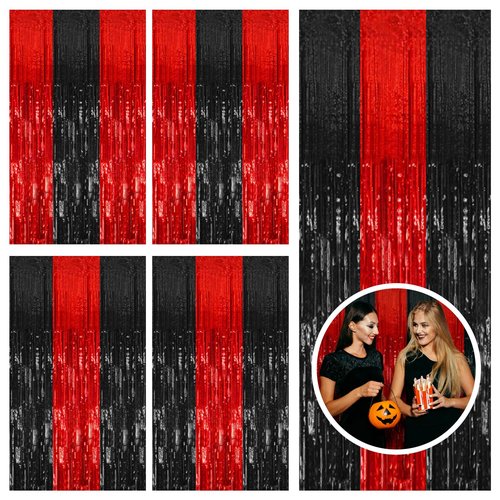 5 Pack Black and Red Backdrop Party Decorations Tinsel Curtain Halloween Party Streamer Foil Fringe Birthday Decorations Photo Booth Fancy Ball Christmas New Year Graduation Party Decor Decor