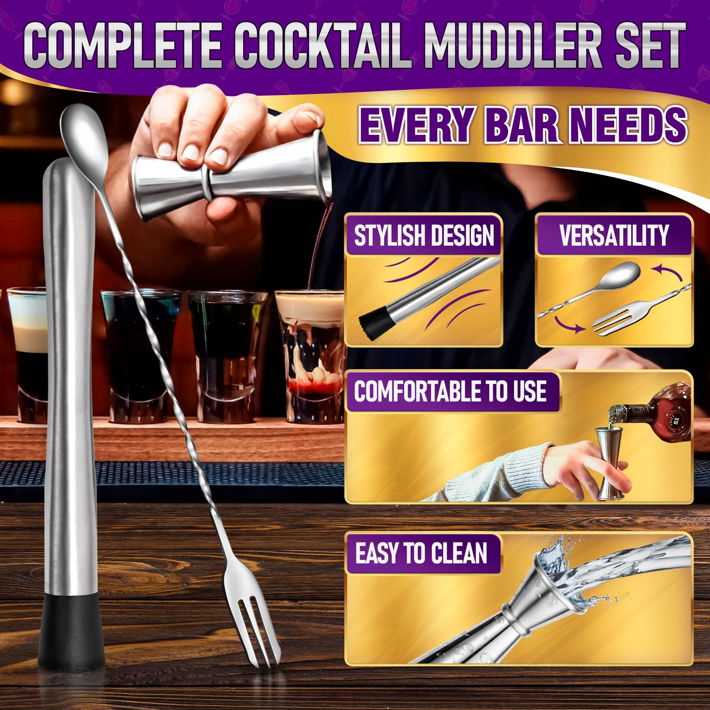 3 Pcs Muddler for Cocktails Set - Bar Muddler Tool with Sturdy Head, Versatile Cocktail Spoon & Jigger, Easy to Use & Clean, Stylish Rust-Resistant Stirring Tool - Bar Tools for Drinks Mixing