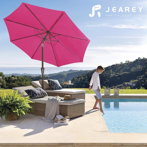 JEAREY 9FT Outdoor Patio Umbrella - Push Button Tilt & Crank | UV Protection, Waterproof - Rose Pink