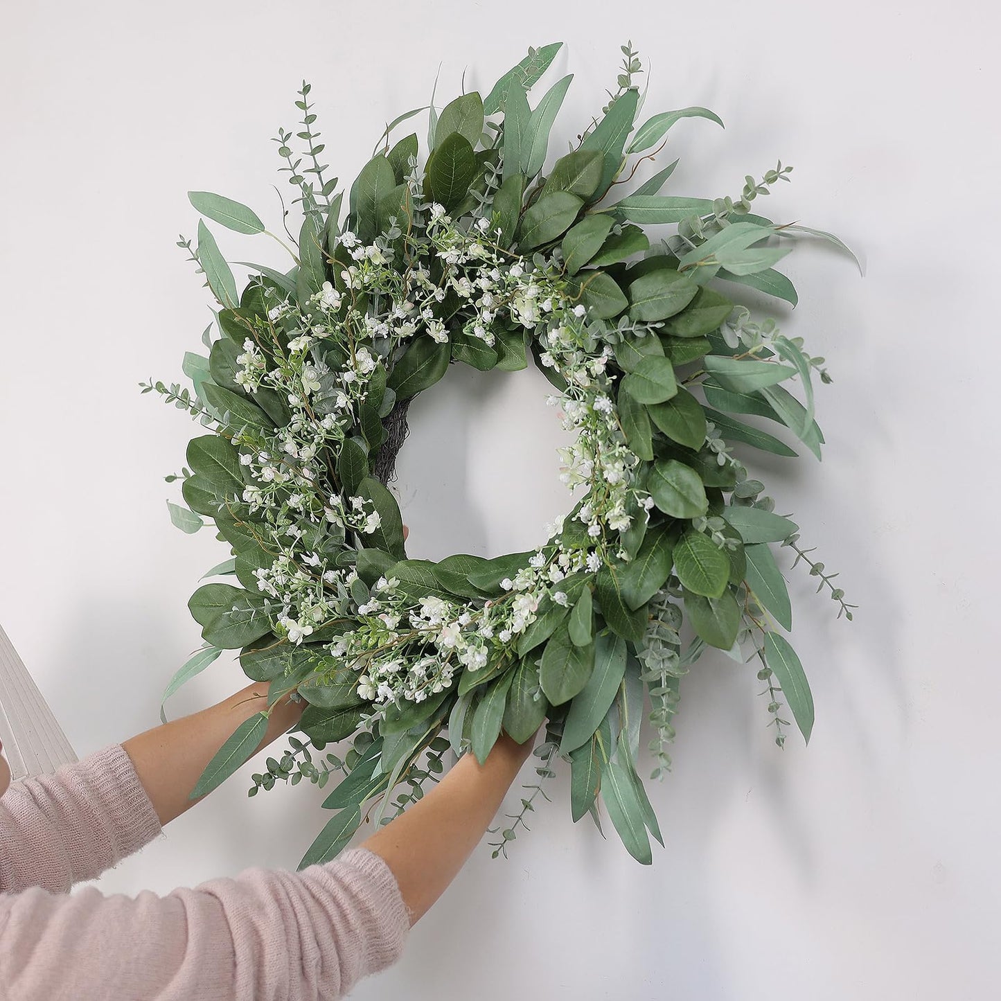 26'' Eucalyptus and Babys Breath Flowers Wreath for Front Door - Large Artificial Greenery Outdoor Wreath for Porch,Window,Farmhouse,Home,Hanging Decor- Spring, Summer, All Seasons (Green-White)