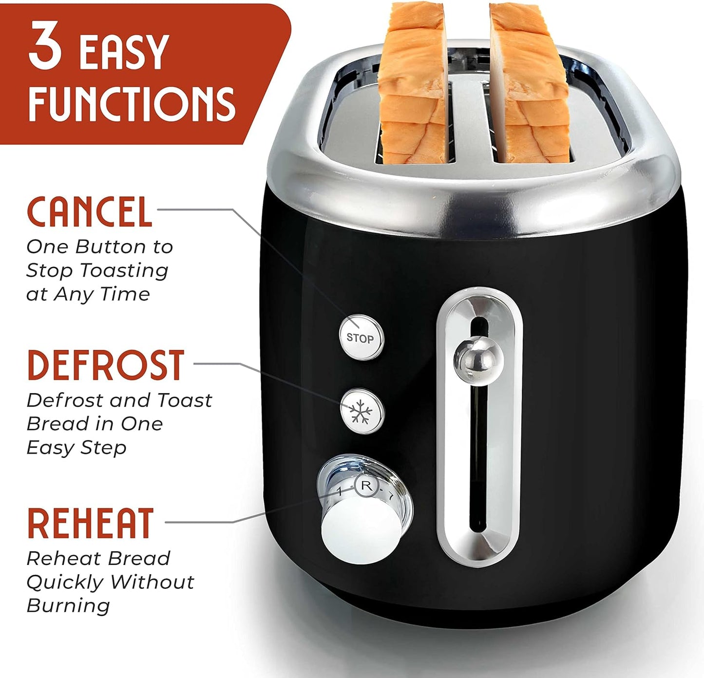 MUELLER HOME Retro 2-Slice Toaster - 7 Browning Levels, Stainless Steel, Black Finish