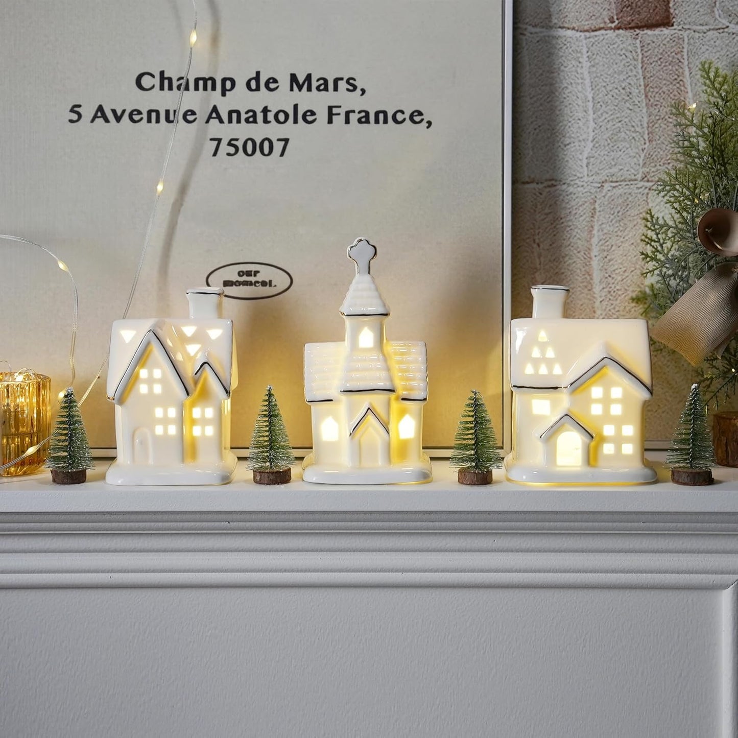 Regine Switzerland White Christmas Village Houses - 3Pcs Glazed Ceramic Set with Trees | Light Up Holiday Decor