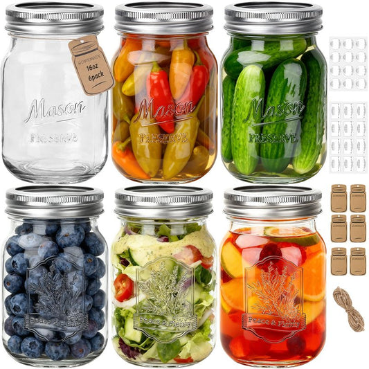 Eathtek 16 oz Glass Mason Jars with Regular Lids, 6 Pack 500 ml Canning Jars With Labels, Tags & Twine for Jam Jelly Spice Honey Herbs, Shower Favors Food Storage Wedding & Party Decor