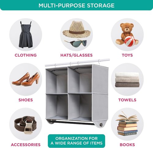 HOLDN’ STORAGE Hanging Closet Organizer - Heavy Duty 4-Shelf Unit with Garment Rod for Clothes & Shoes | Grey