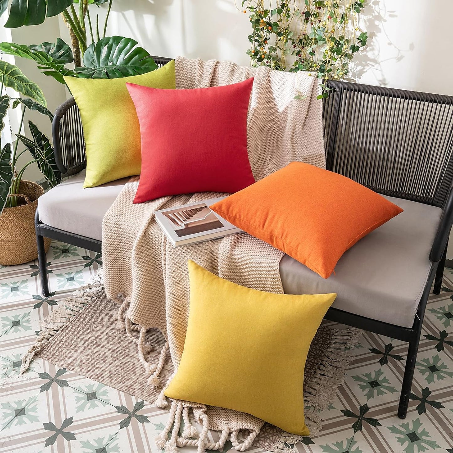 MIULEE Outdoor Decorative Throw Pillow Covers - Waterproof Faux Linen Cushion Cases | 18x18 Inch Yellow (Pack of 2)