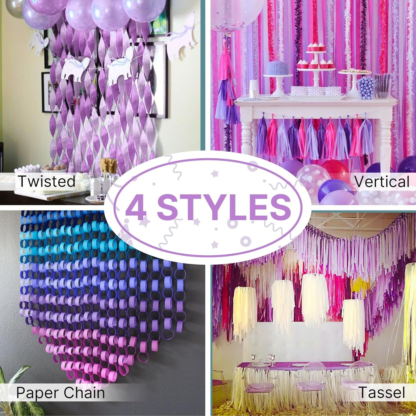 PartyWoo Crepe Paper Streamers - Light Pastel Pink & Purple | 4pcs 328ft for Birthday & Baby Shower Decor