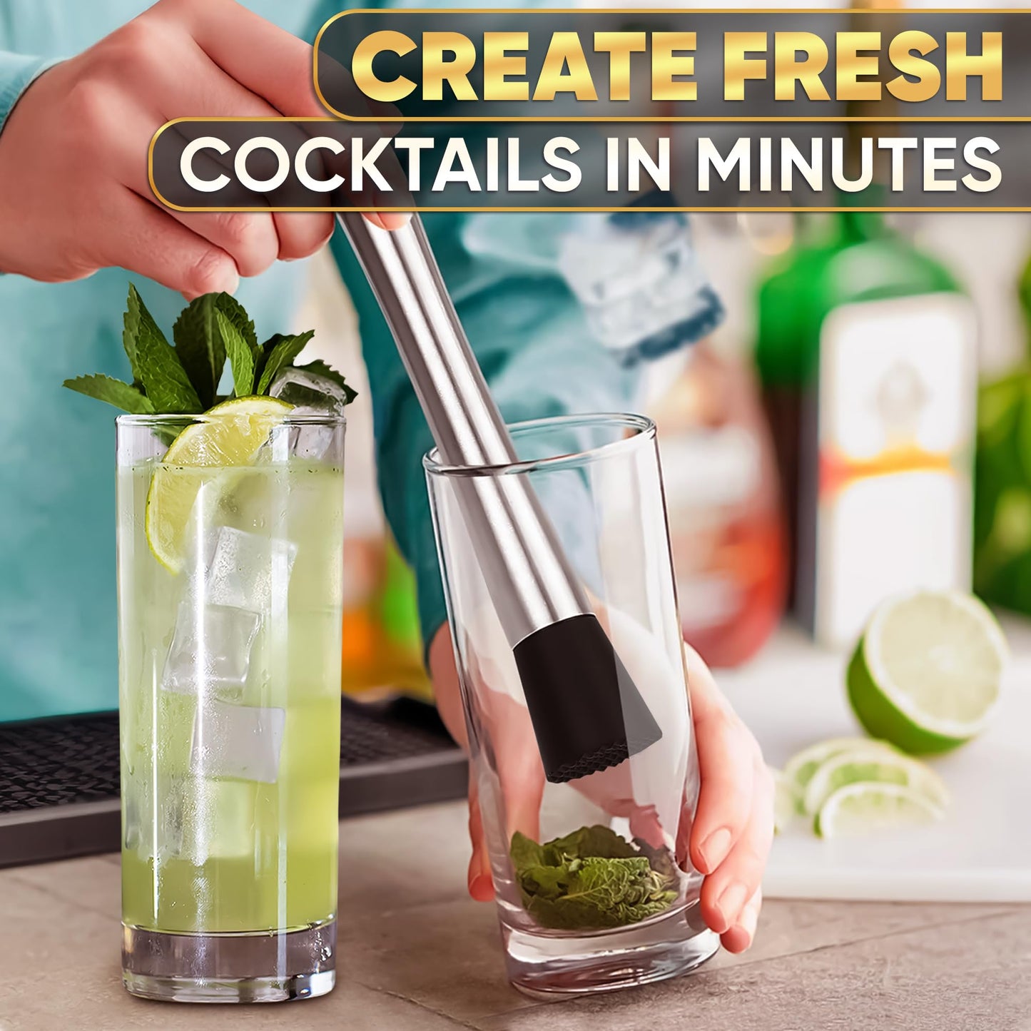 Muddler for Cocktails – 8 Inch Cocktail Muddler Tool with Stainless Steel Handle & Grooved Nylon Head – Fruit Smasher for Drinks, Mojitos, Mint, Lemons, Herbs, Berries – Home Bar & Bartender Essential