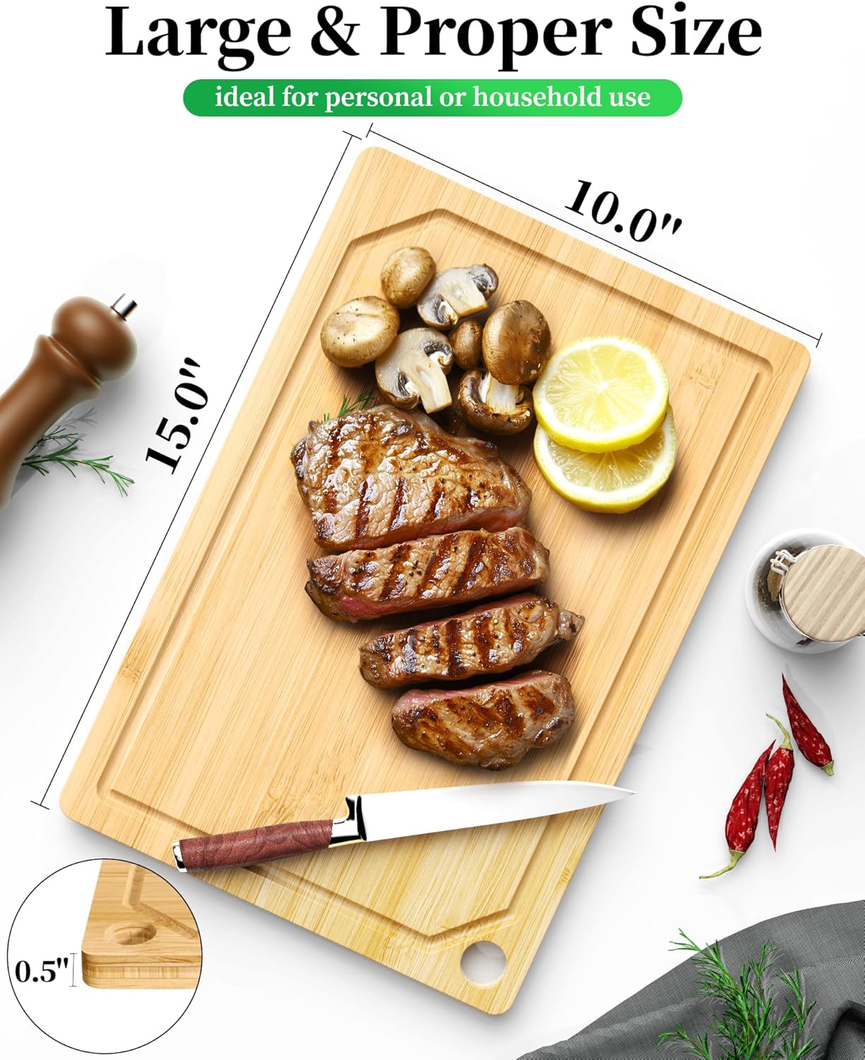 Kitsure Bamboo Cutting Board - Versatile Wooden Kitchen Board with Deep Juice Grooves | Large Natural Size