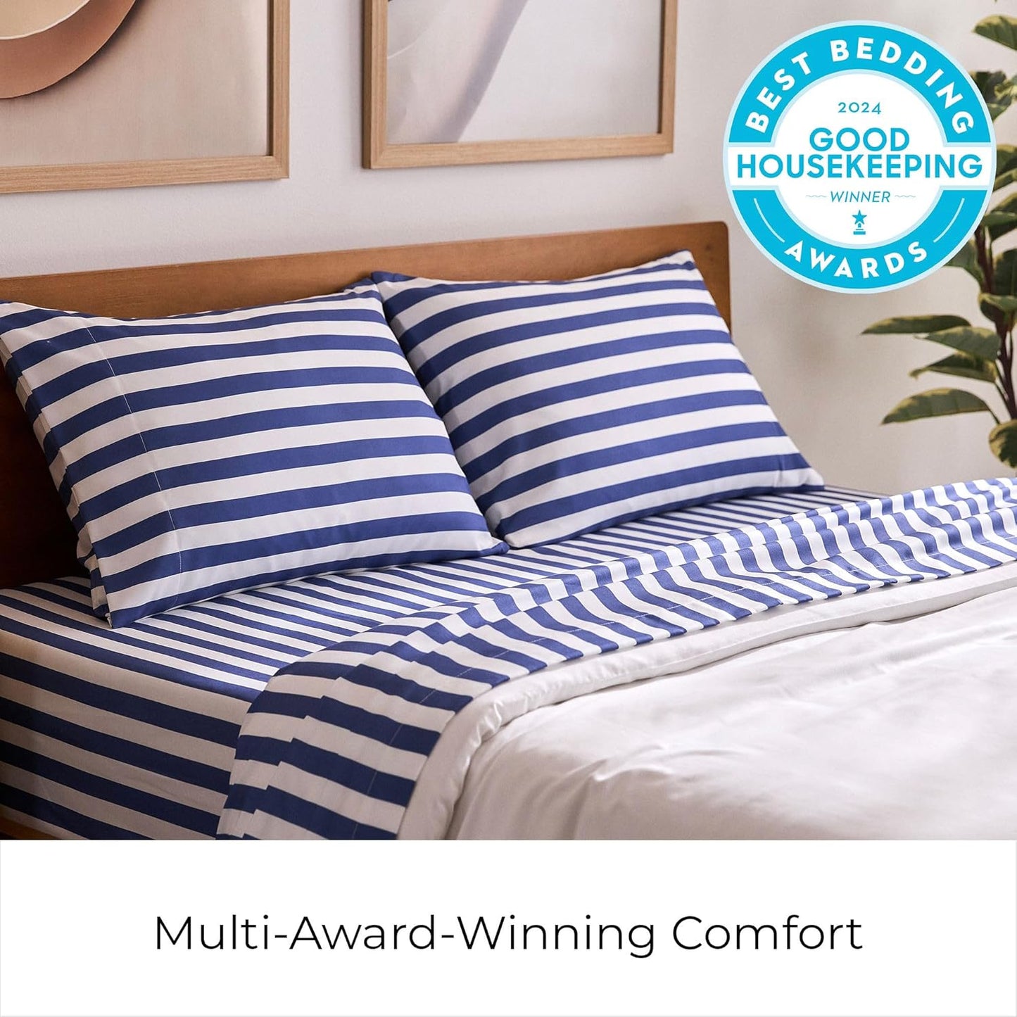 Mellanni California King Sheets Set - Luxury Soft Cooling Bedding - Wrinkle & Stain Resistant (Oxford Stripe Blue Nova)