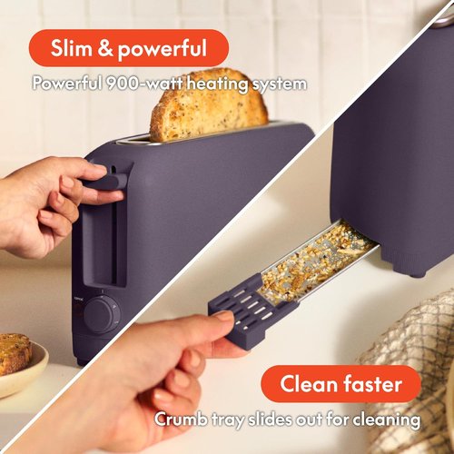 Bella 2 Slice Slim Toaster - 10” Long Slot with 6 Shade Settings, Reheat & Cancel Buttons, Plum