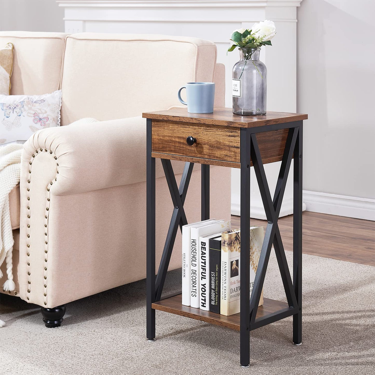 VECELO Tall End Side Tables,27 Inch Night Stand with U-Shape Basket and Storage Drawer/Shelf for Living Room/Bedroom/Small Spaces,Set of 2,Brown