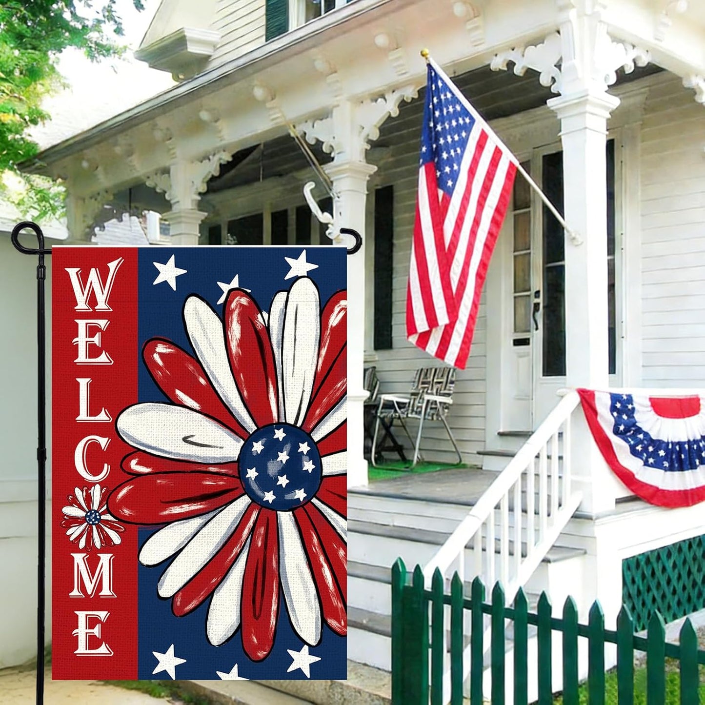 Patriotic 4th of July Garden Flag by [Brand Name] - Double-Sided 12x18 Inch Floral Design for Outdoor Decor