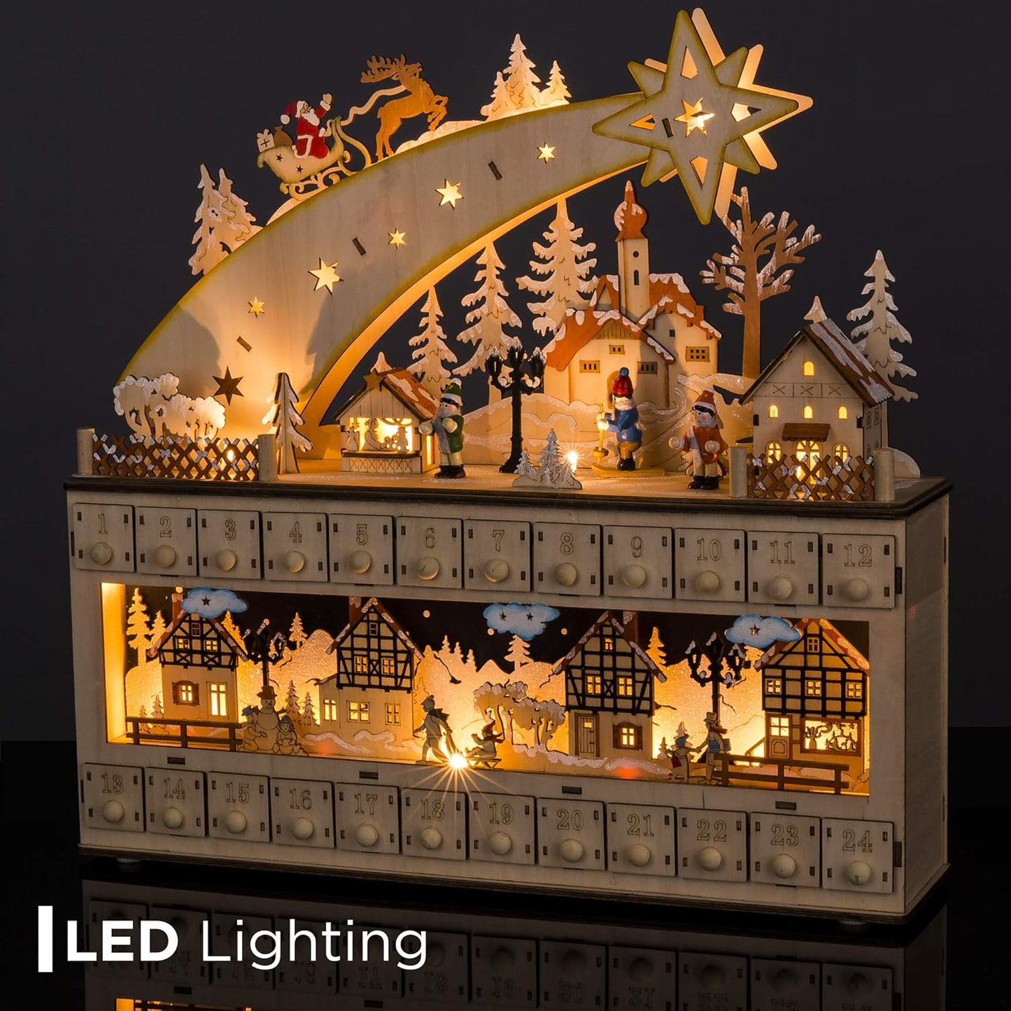 Best Choice Products Wooden Christmas Advent Calendar - Shooting Star Holiday Decor with LED Lights
