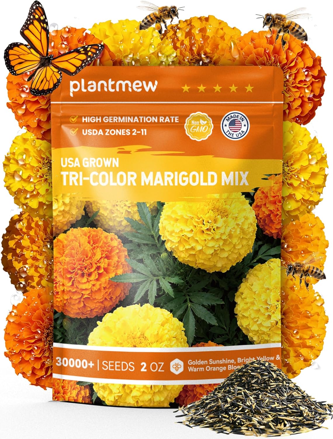Tri-Color Marigold Seeds - 60,000+ Non-GMO Heirloom Flower Seeds for Quick Blooming Outdoors